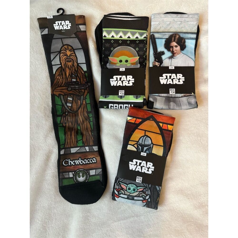 Rock Em Star Wars Socks 4-Pack Chewbacca Mandalorian Baby Yoda Leia